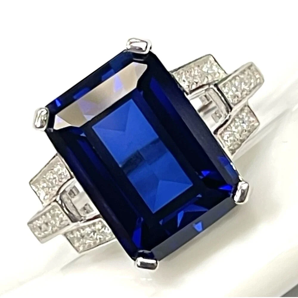 Genuine Emerald Cut Lab-Created Sapphire Set in Ring 925 Sterling Silver
